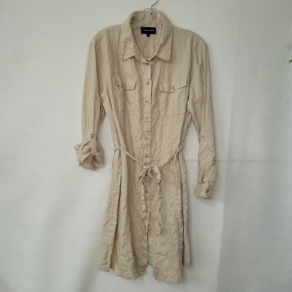 FRENCH CURVE Linen Shirt Dress Beige Long Sleeve Belted‎ Utility Size L